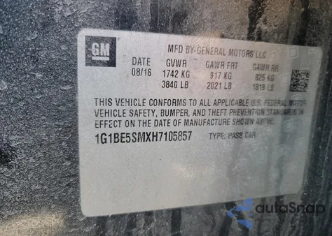 2017 Chevrolet Cruze Lt из США, поврежденный, VIN 1G1BE5SMXH7105857